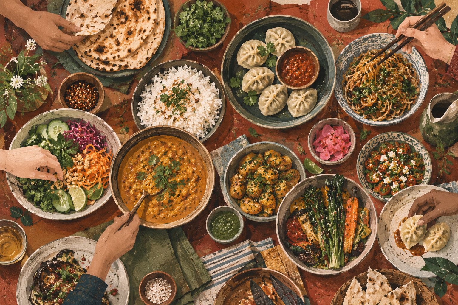 An editorial illustration of hands sharing a table of rice, bread, vegetables and bowls.